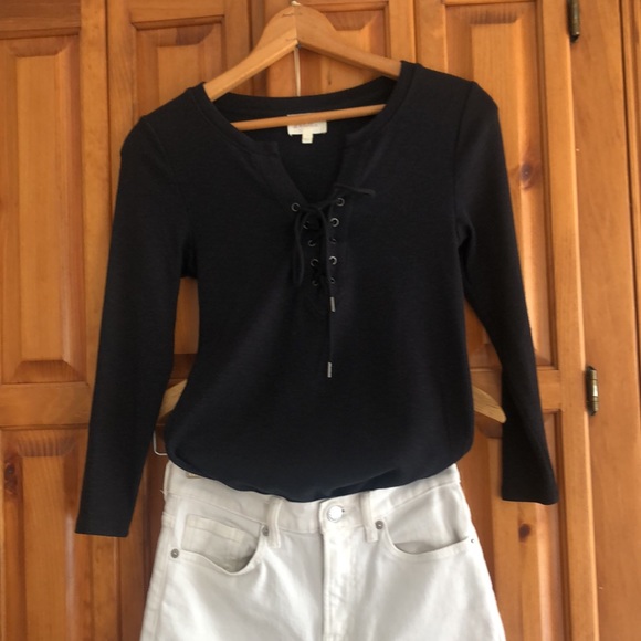 Anthropologie 3/4 sleeve thin rib black top w/ stretch - Picture 3 of 7